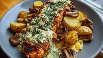 Chestnut Garlic Greek Chicken Alfredo with Sage Potatoes & Mushroom Pesto Cream