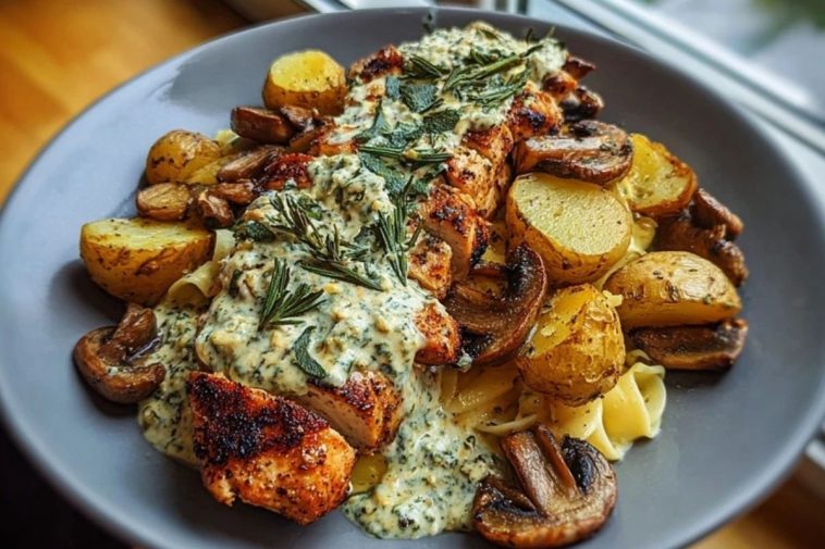 Chestnut Garlic Greek Chicken Alfredo with Sage Potatoes & Mushroom Pesto Cream
