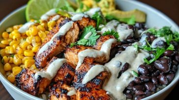 Chipotle Chicken Bowl with Black Beans, Corn, & Creamy Sauce