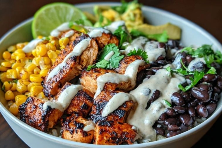 Chipotle Chicken Bowl with Black Beans, Corn, & Creamy Sauce