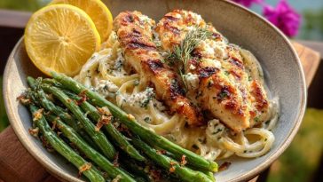 Coconut-Lemon Chicken Alfredo with Chili Feta Cream & Crispy Parmesan Green Beans