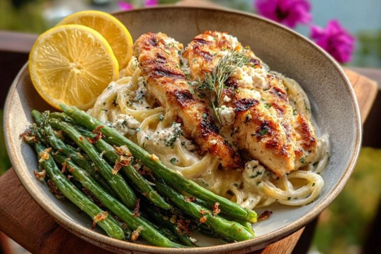 Coconut-Lemon Chicken Alfredo with Chili Feta Cream & Crispy Parmesan Green Beans