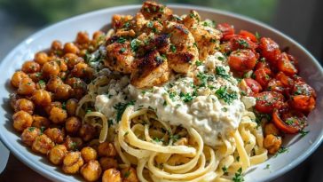 Creamy Cajun Chicken Pasta with Whipped Roasted Garlic Feta & Crispy Chickpeas