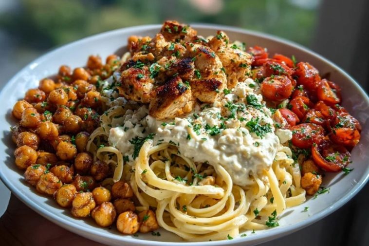 Creamy Cajun Chicken Pasta with Whipped Roasted Garlic Feta & Crispy Chickpeas