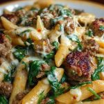 Creamy Garlic Butter Beef Penne with Sausage and Spinach