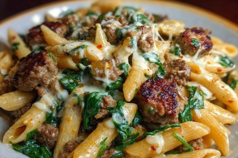 Creamy Garlic Butter Beef Penne with Sausage and Spinach