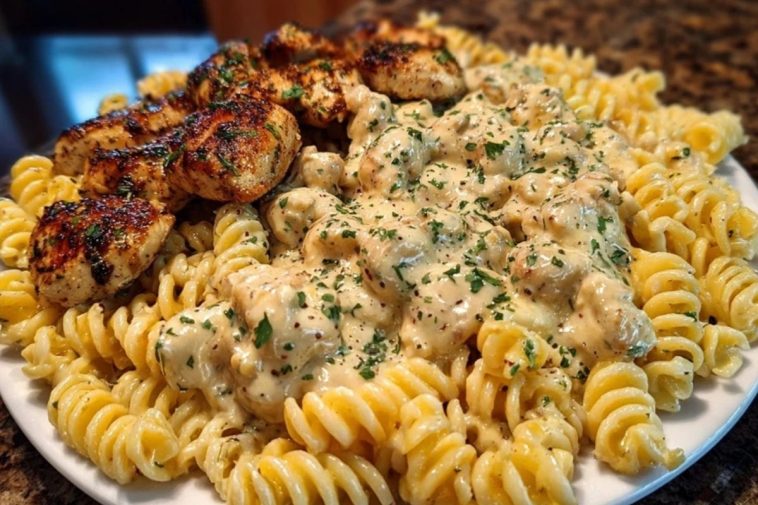 Creamy Garlic Butter Chicken and Rotini in Parmesan Sauce