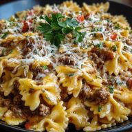 Creamy Ground Beef Bowtie Pasta with Mozzarella and Parmesan