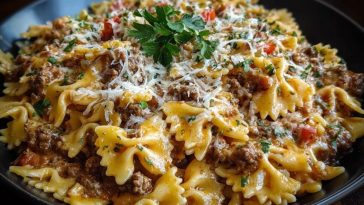 Creamy Ground Beef Bowtie Pasta with Mozzarella and Parmesan