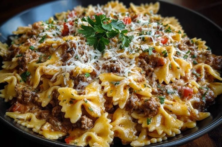 Creamy Ground Beef Bowtie Pasta with Mozzarella and Parmesan