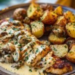 Creamy Mushroom Garlic Chicken Alfredo & Hot Honey Roasted Potatoes