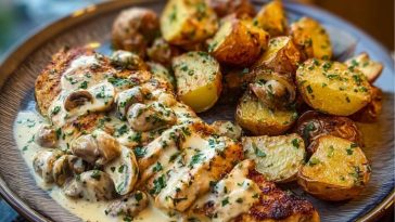 Creamy Mushroom Garlic Chicken Alfredo & Hot Honey Roasted Potatoes