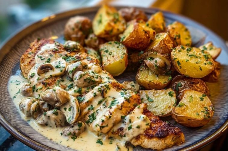 Creamy Mushroom Garlic Chicken Alfredo & Hot Honey Roasted Potatoes