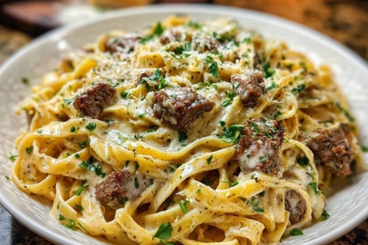 Creamy Parmesan Beef Fettuccine with Garlic Butter Sauce