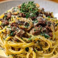 Creamy Parmesan Beef Linguine with Garlic Butter Sauce