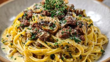 Creamy Parmesan Beef Linguine with Garlic Butter Sauce