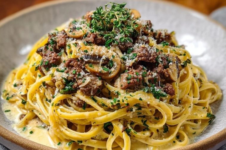 Creamy Parmesan Beef Linguine with Garlic Butter Sauce