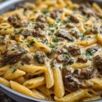 Creamy Velveeta Beef Stroganoff and Penne Pasta