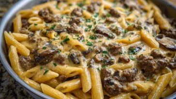 Creamy Velveeta Beef Stroganoff and Penne Pasta