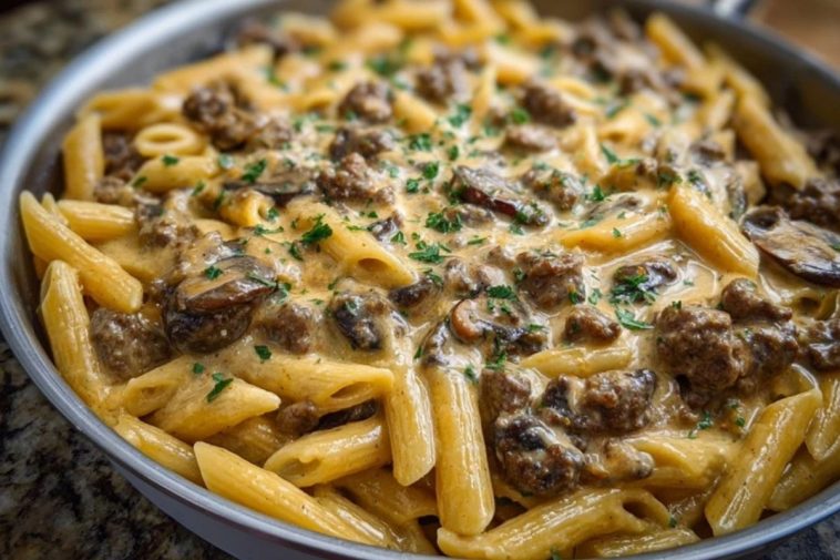 Creamy Velveeta Beef Stroganoff and Penne Pasta