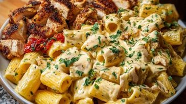 Creamy Velveeta Chicken Rigatoni with Mozzarella Garlic Sauce