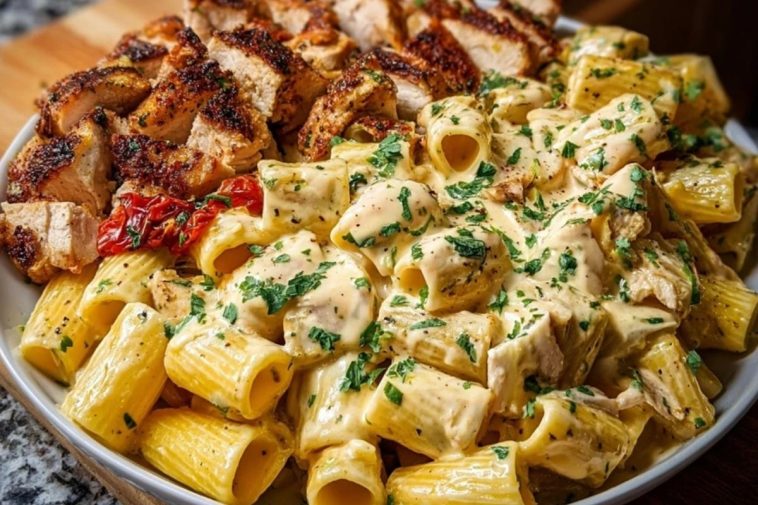 Creamy Velveeta Chicken Rigatoni with Mozzarella Garlic Sauce