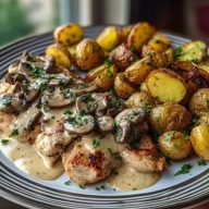 Delicious Creamy Mushroom Garlic Chicken Alfredo Recipe with Hot Honey Roasted Potatoes