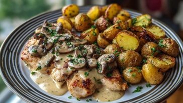 Delicious Creamy Mushroom Garlic Chicken Alfredo Recipe with Hot Honey Roasted Potatoes