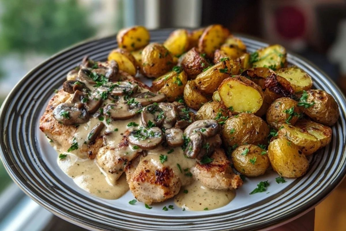 Delicious Creamy Mushroom Garlic Chicken Alfredo Recipe with Hot Honey Roasted Potatoes