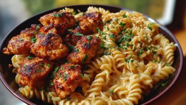 Delicious Garlic Butter Chicken Bites with Spicy Cajun Alfredo Twisted Pasta Recipe