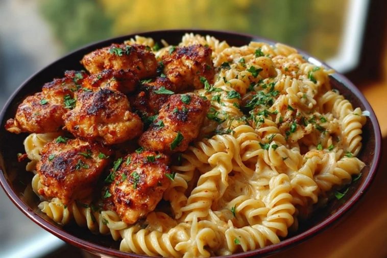 Delicious Garlic Butter Chicken Bites with Spicy Cajun Alfredo Twisted Pasta Recipe