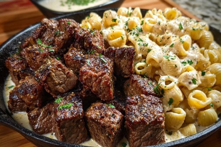 Garlic Butter Steak Bites & Creamy Chipotle White Cheddar Shells