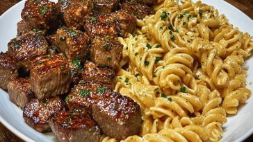 Garlic Butter Steak Bites with Spicy Cajun Alfredo Twisted Pasta