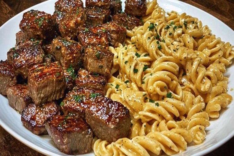Garlic Butter Steak Bites with Spicy Cajun Alfredo Twisted Pasta