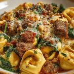 Garlic Butter Tortellini in Creamy Sauce with Beef, Italian Sausage & Spinach