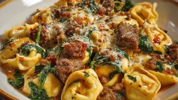 Garlic Butter Tortellini in Creamy Sauce with Beef, Italian Sausage & Spinach