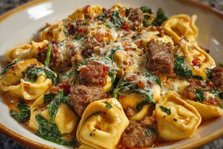 Garlic Butter Tortellini in Creamy Sauce with Beef, Italian Sausage & Spinach