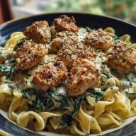 Garlic Chicken Bites & Creamy Cajun Spinach Artichoke Alfredo Pasta