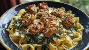 Garlic Chicken Bites & Creamy Cajun Spinach Artichoke Alfredo Pasta