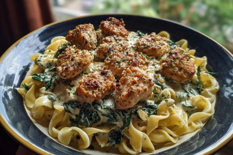 Garlic Chicken Bites & Creamy Cajun Spinach Artichoke Alfredo Pasta