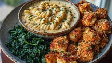 Garlic Parmesan Chicken Bites with Hot Cajun Alfredo & Crispy Spinach Twists
