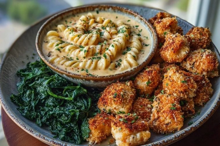 Garlic Parmesan Chicken Bites with Hot Cajun Alfredo & Crispy Spinach Twists