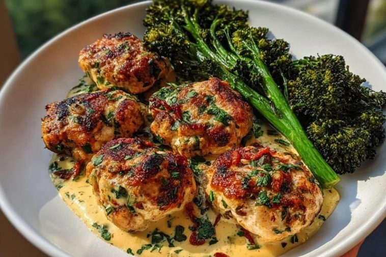 Garlic-Parmesan Chicken Bites with Sun-Dried Tomato Cajun Alfredo & Charred Broccolini