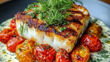Grilled Cod with Roasted Tomatoes & Creamy Dill Sauce