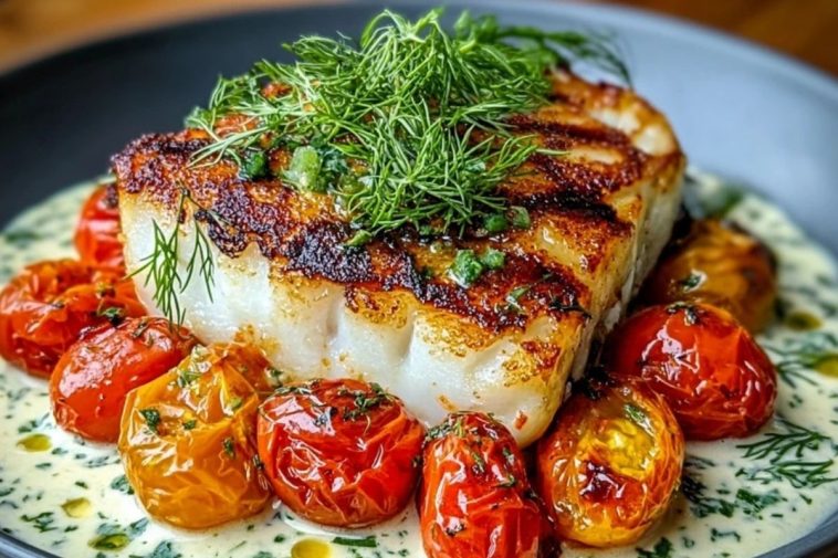Grilled Cod with Roasted Tomatoes & Creamy Dill Sauce