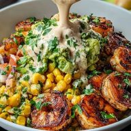 Grilled Shrimp Bowl with Avocado, Corn Salsa & Creamy Sauce