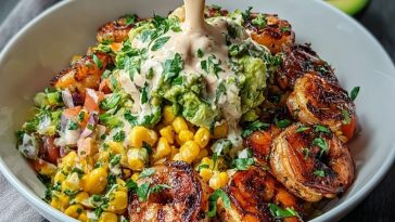 Grilled Shrimp Bowl with Avocado, Corn Salsa & Creamy Sauce