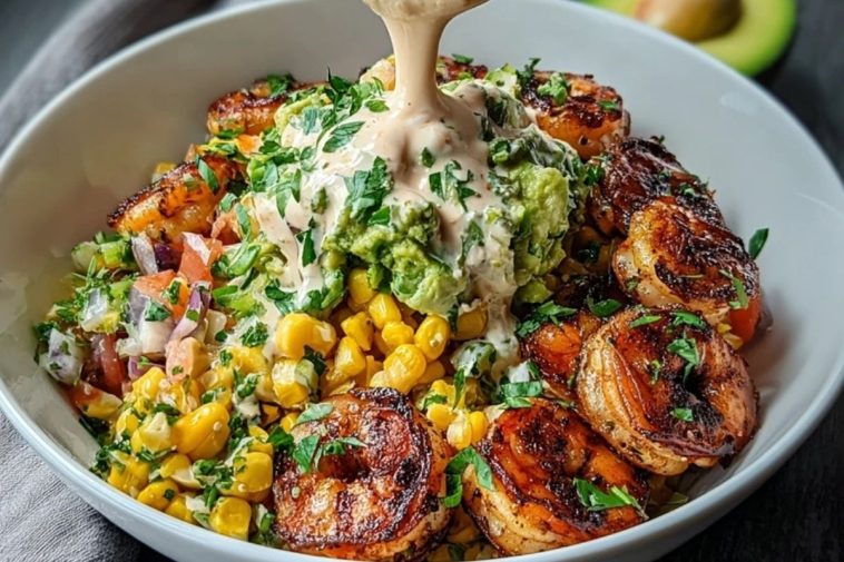 Grilled Shrimp Bowl with Avocado, Corn Salsa & Creamy Sauce