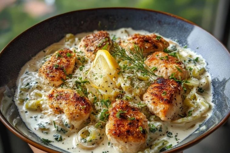 Herbed Chicken Alfredo with Truffle Feta Cream & Crispy Parmesan Leeks