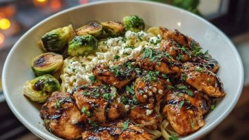 Hot Honey Balsamic Chicken Alfredo with Whipped Feta & Crispy Brussels Chips